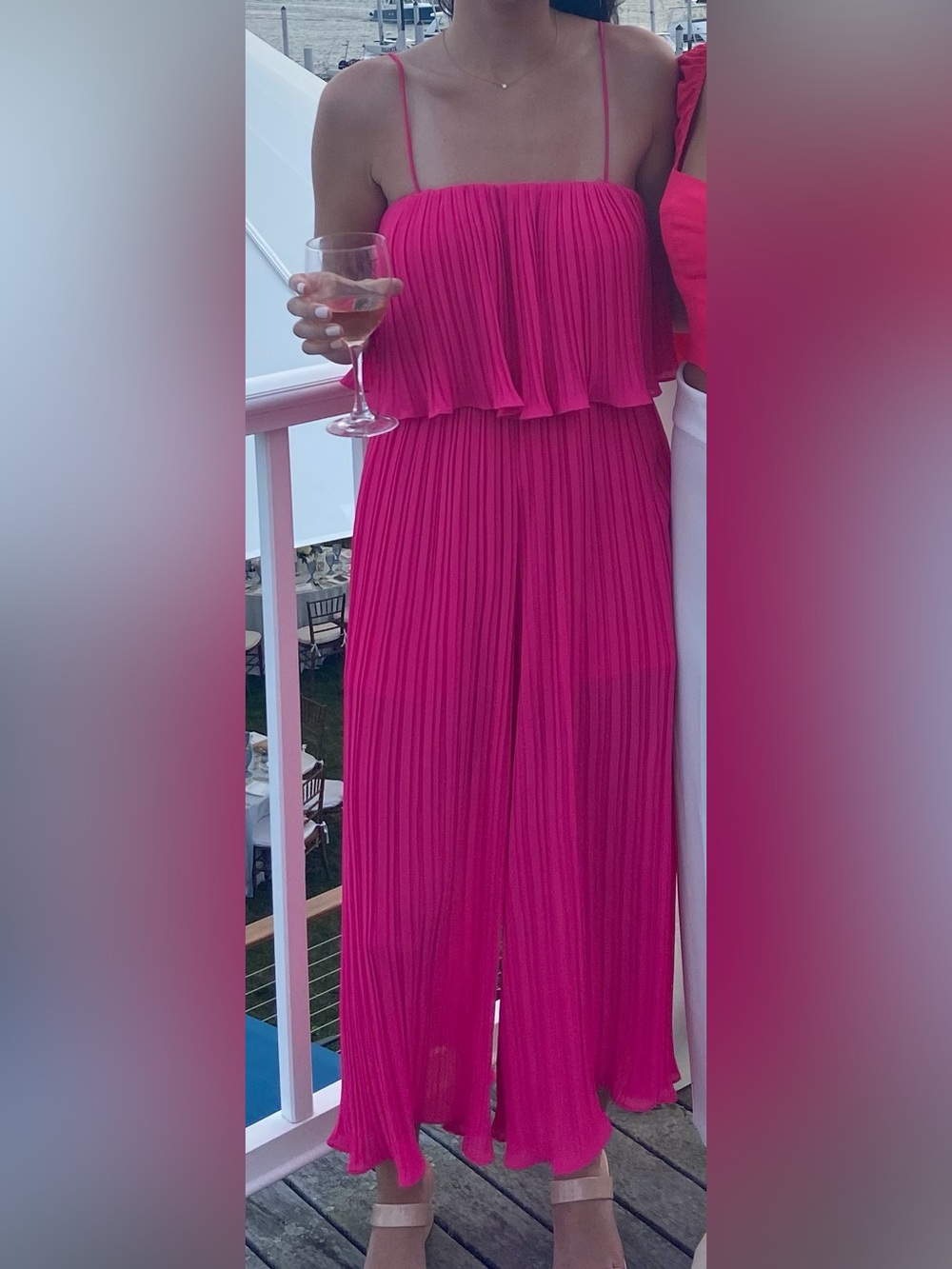 Aqua Hot Pink Pleated Strapless Ruffle Jumpsuit